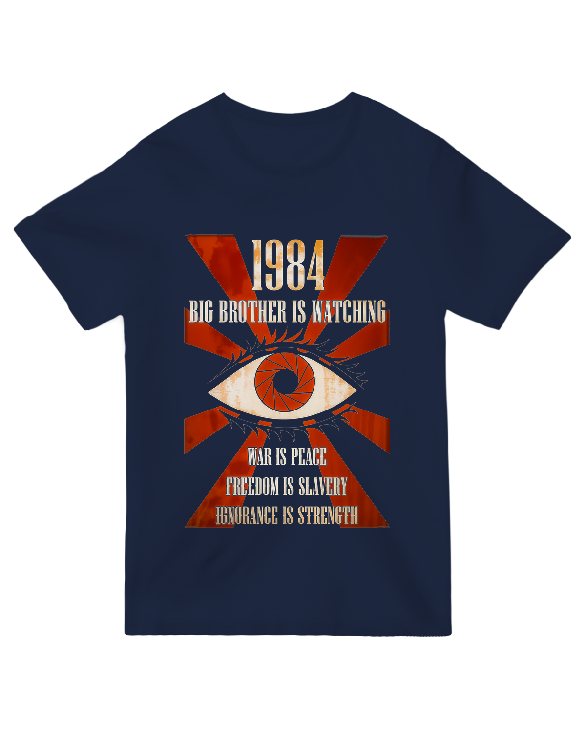 "Gray 1984 Orwell t-shirt with minimalist Big Brother graphic wearing VR headset, styled with vintage typewriter for retro-futuristic aesthetic"