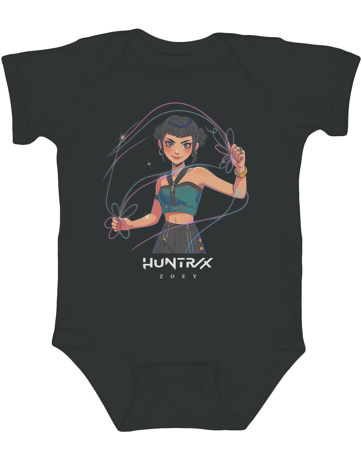 Adorable newborn in a KPop Demon Hunters bodysuit, lying on a soft blanket.