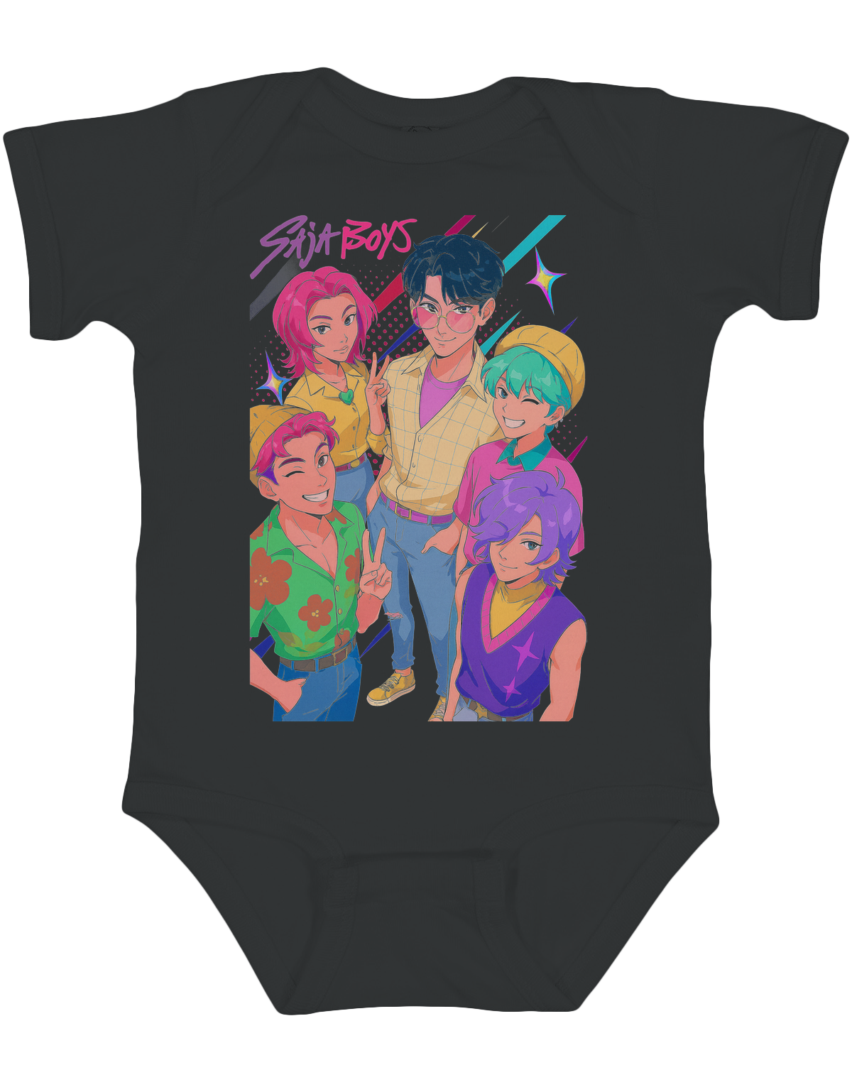 Baby exploring the crinkle-texture sleeves on the KPop Demon Hunters bodysuit during tummy time