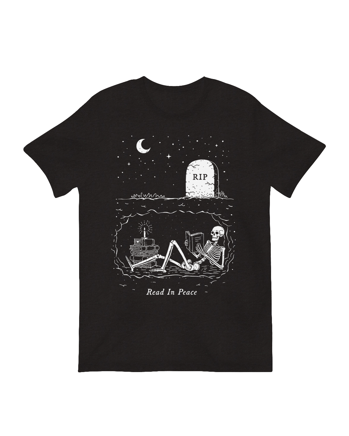 Close-up of the RIP skeleton design on a soft cotton tee