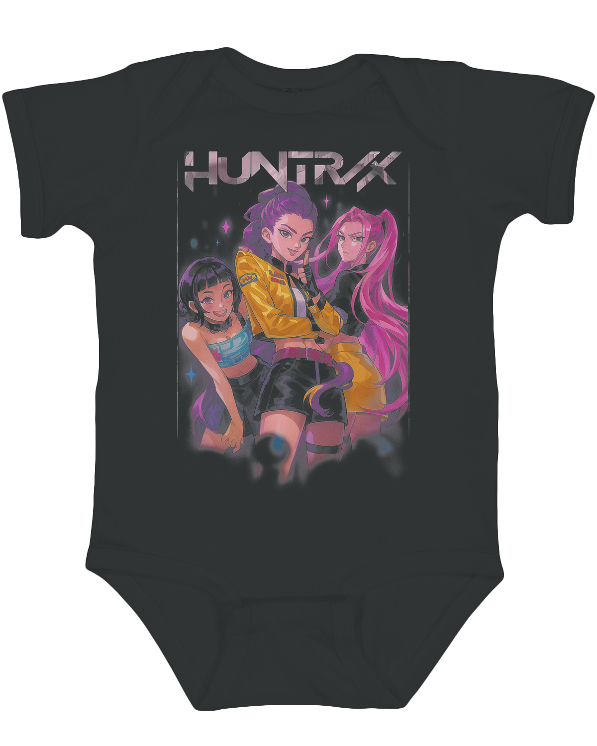 Close-up of the tag-free neckline and flat-lock seams on the infant bodysuit