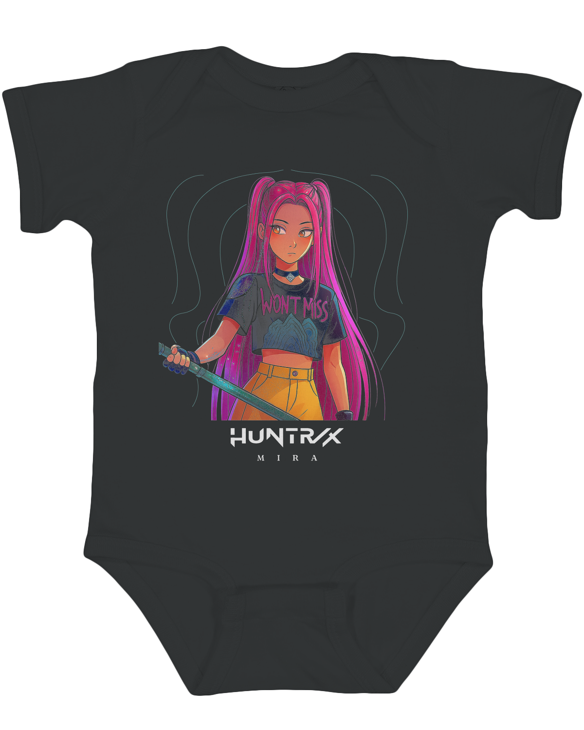 Front view of the KPop Demon Hunters graphic on a soft white infant fine jersey bodysuit.
