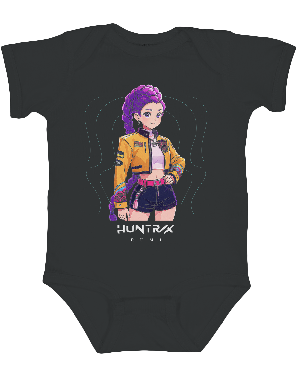 Front view of the KPop Demon Hunters graphic on a soft white infant jersey bodysuit.