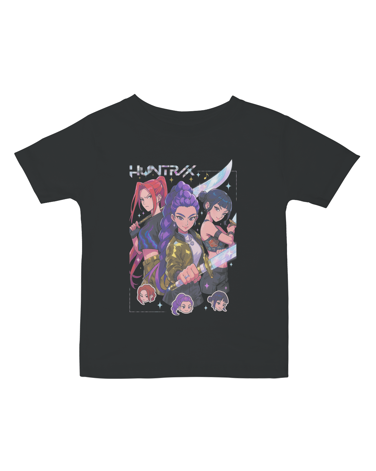 Infant wearing the KPop Demon Hunters tee layered over a onesie