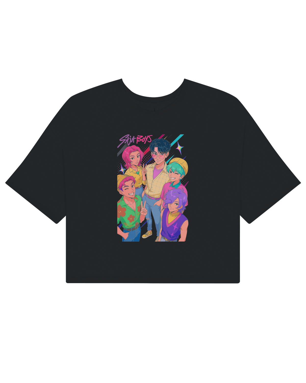 Reversible crop top showing both the graphic front and solid color back