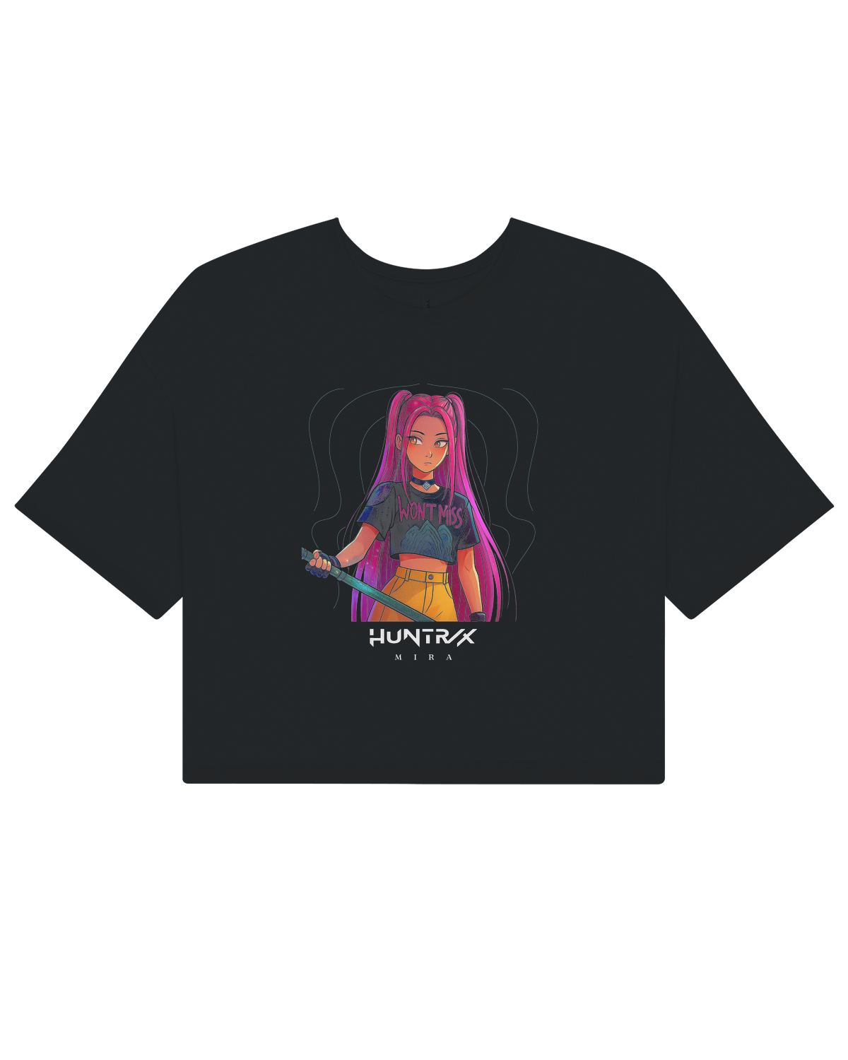 Style shot of a woman wearing the KPop Demon Hunters crop top with high-waisted jeans.