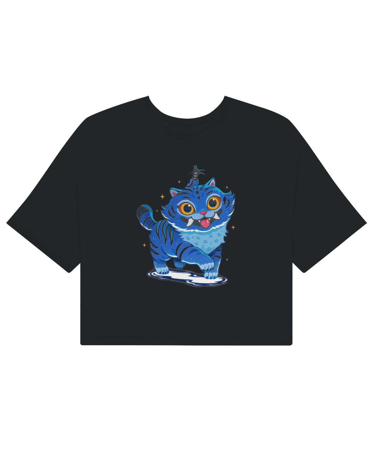 Woman wearing the KPop Demon Hunters crop top with high-waisted jeans, showing the comfortable fit.