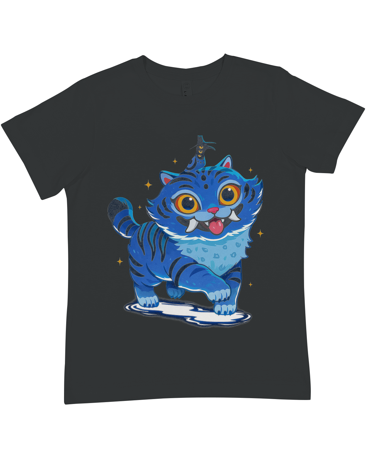 Young fan smiling while wearing the KPop Demon Hunters premium crewneck tee.