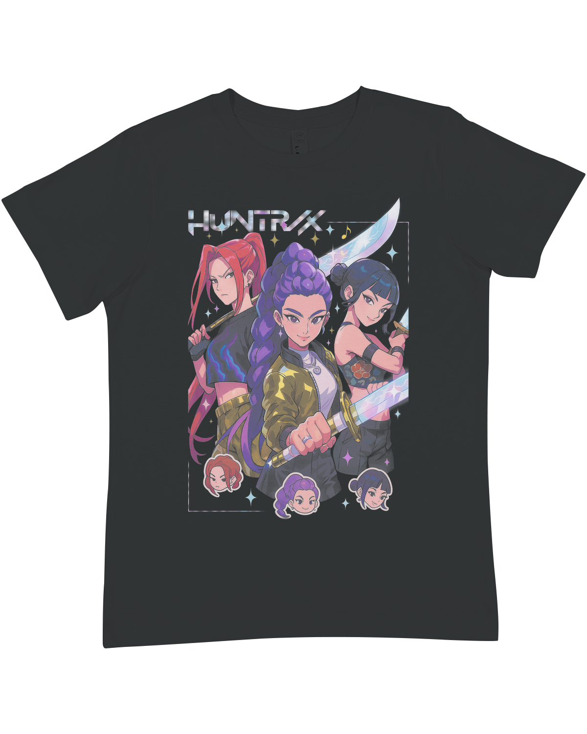 Young person wearing the true-to-size KPop Demon Hunters crewneck tee