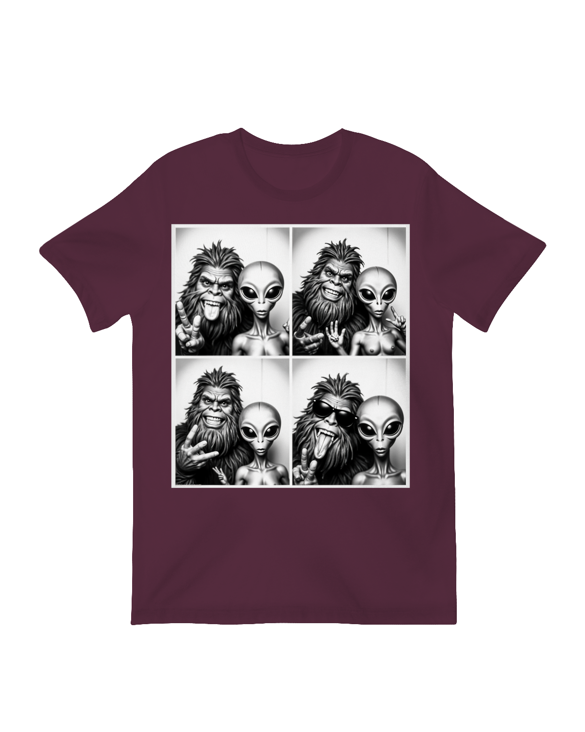 Alien and Bigfoot graphic printed t-shirt – soft cotton tee for sci-fi and cryptid lovers