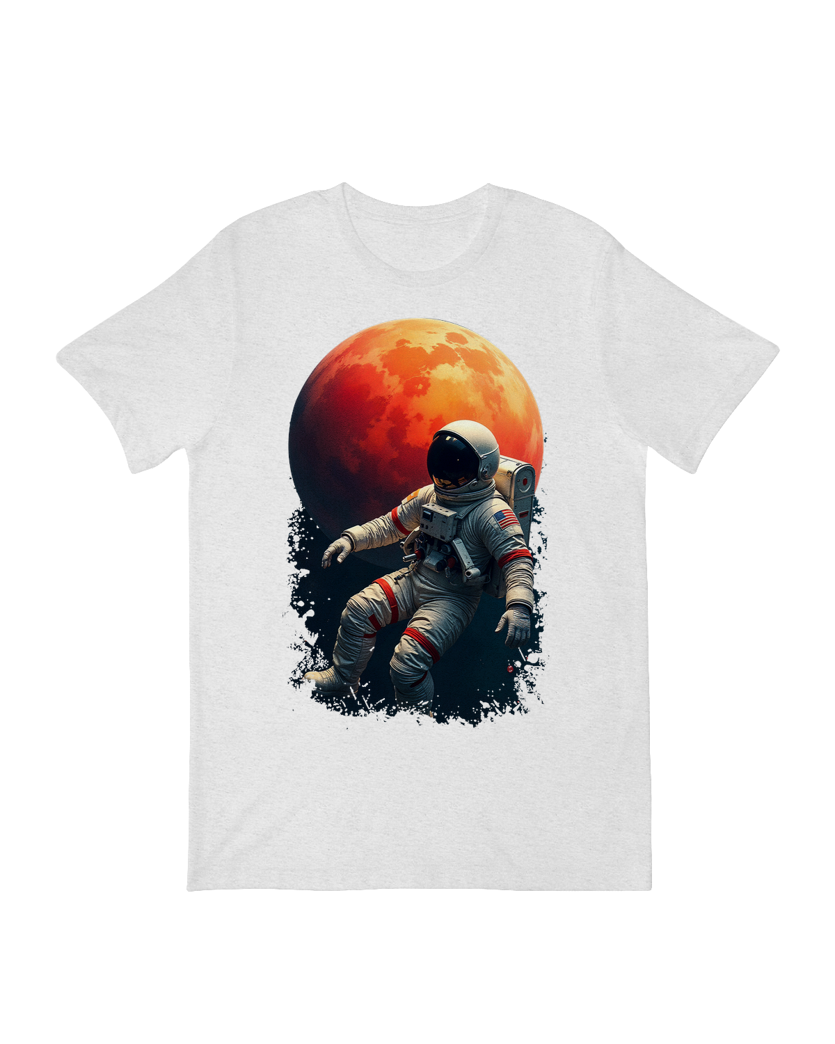 Astronaut standing under a large moon graphic on vintage-style space exploration t-shirt