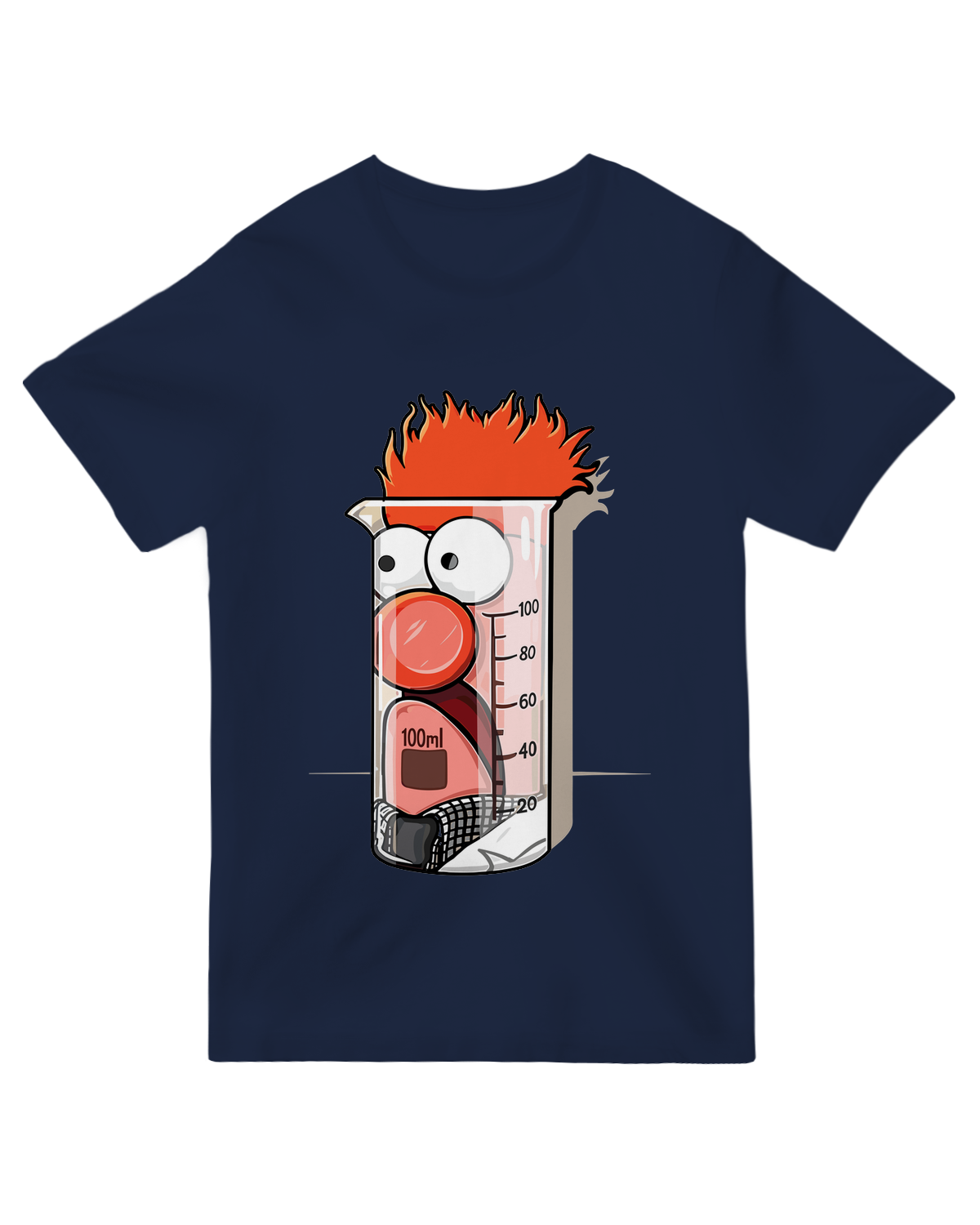 "Navy blue science t-shirt with 'Beaker Dolls' chemistry humor graphic - cotton lab apparel for teachers and students"