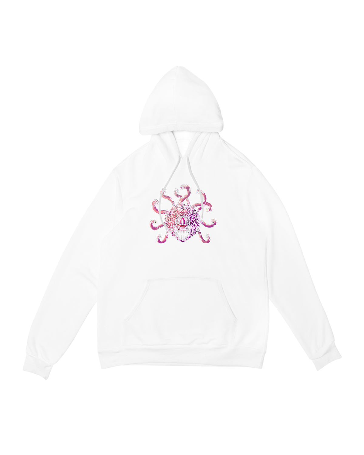 "Black Beholder hoodie with glowing purple eye-tyrant graphic, modeled with DM screen and metal dice for tabletop gaming aesthetic"