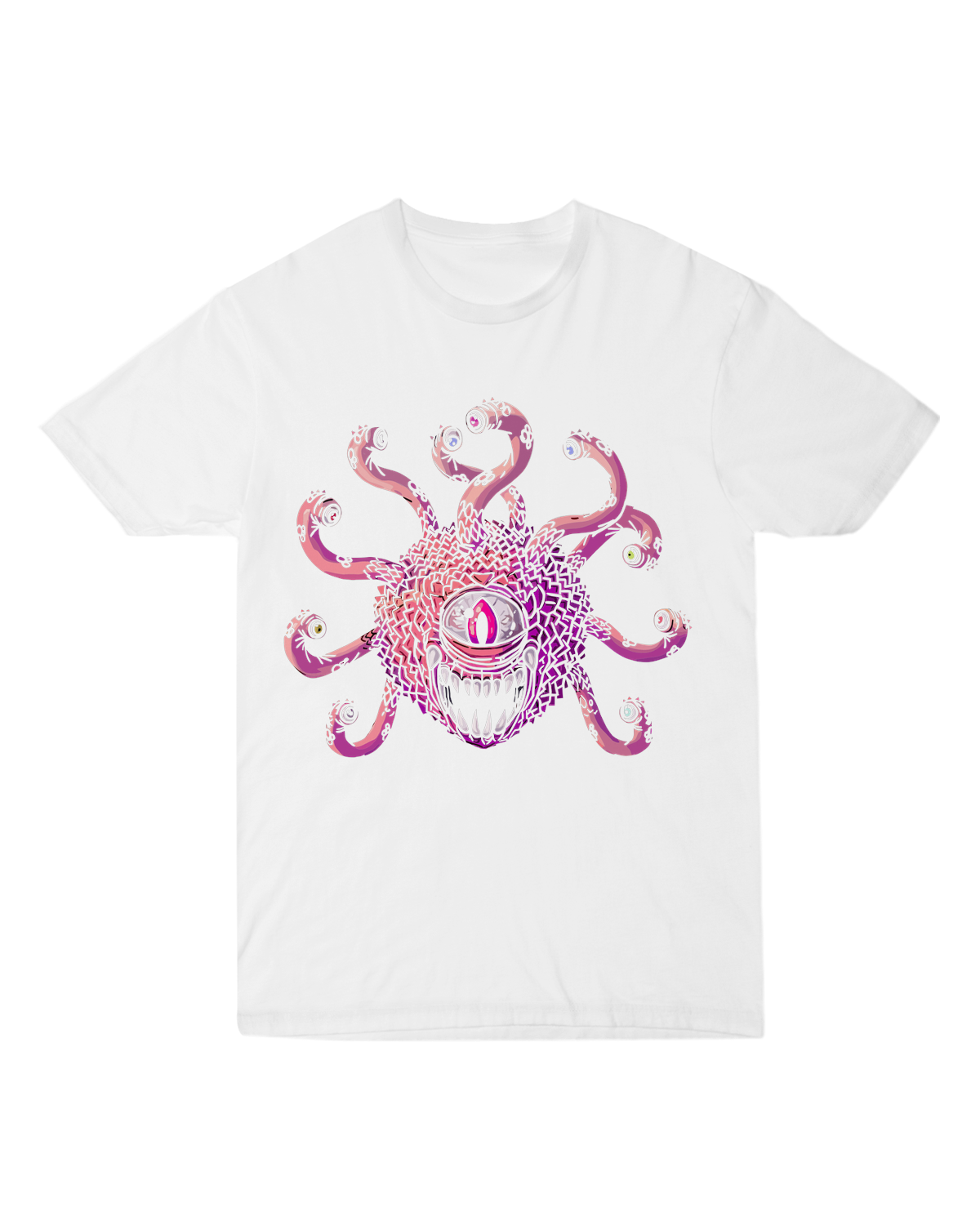 "Purple Beholder-inspired t-shirt with glowing eye cluster design, modeled with spellbook and 20-sided die for dark fantasy aesthetic"