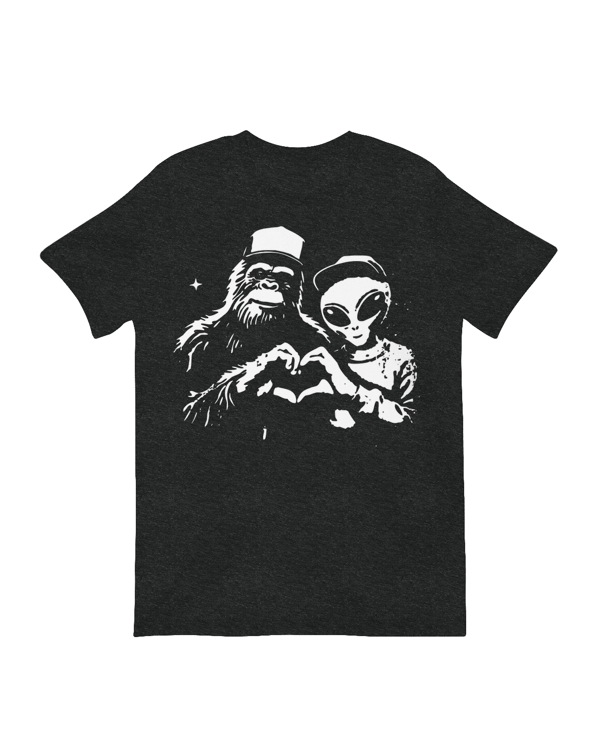 "Humorous 'Bigfoot and Alien' graphic t-shirt for cryptid and UFO enthusiasts"