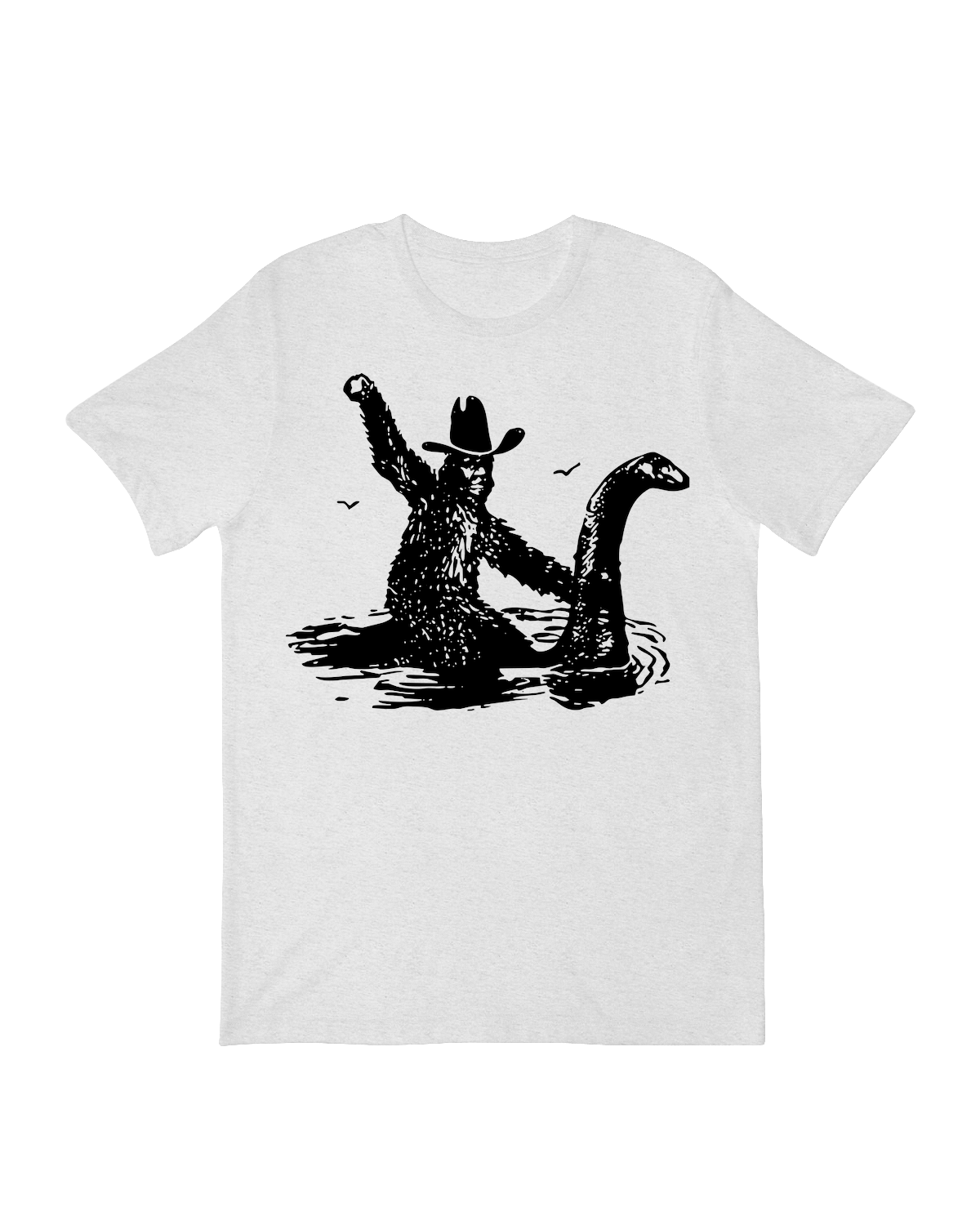 "Funny 'Bigfoot riding a T-Rex' cryptid dinosaur mashup graphic t-shirt"