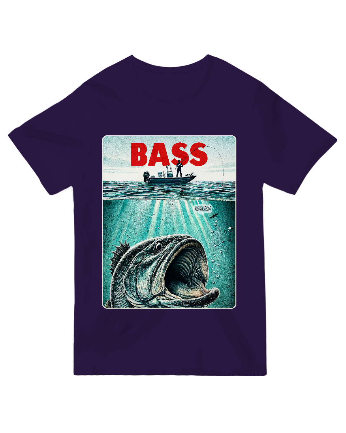 "Royal blue bass fishing t-shirt with ‘Bigger Bass Boat’ angler humor design"
