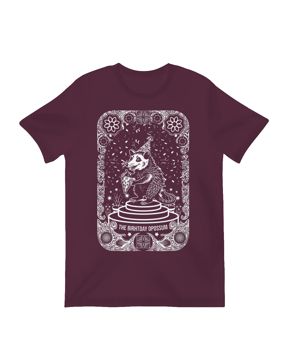 Birthday opossum graphic t-shirt – cute cartoon marsupial in party hat on soft cotton tee