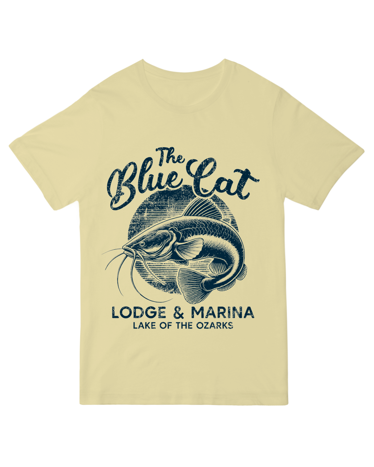 "Slate blue catfish fishing t-shirt for anglers - durable performance fabric"