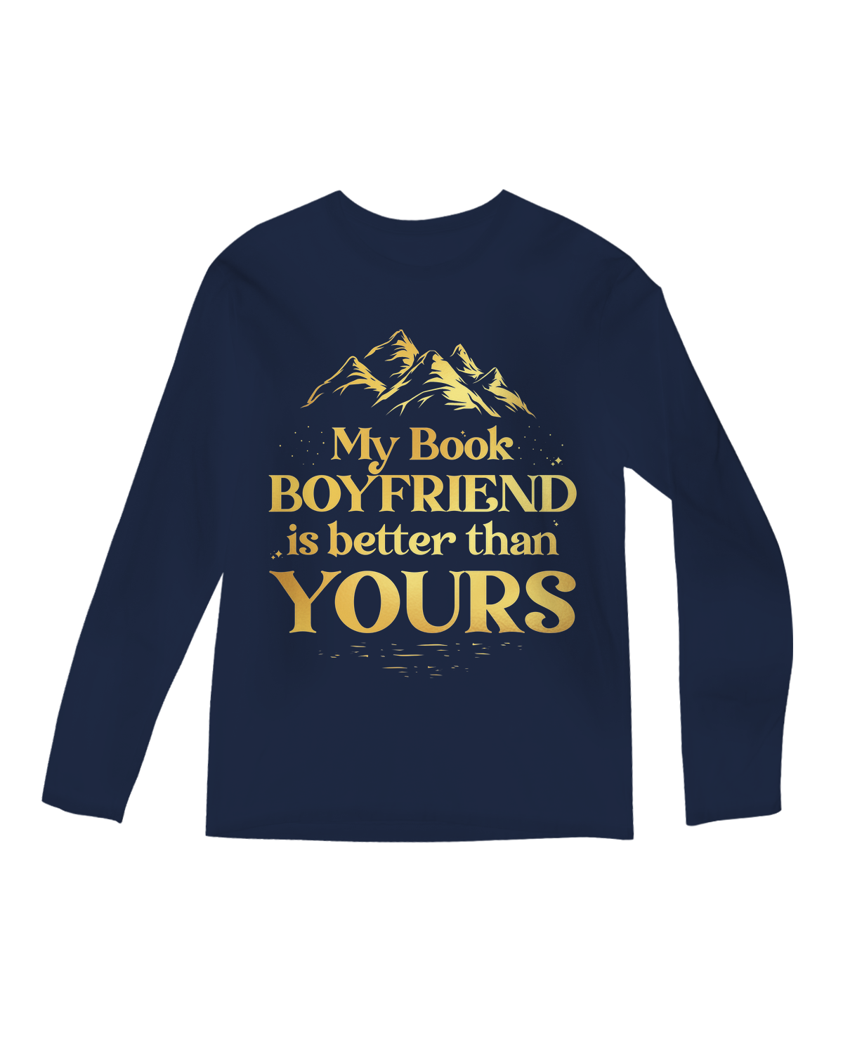 "Woman smirking while showing 'My Book Boyfriend Is Better' sleeve print on black tee"