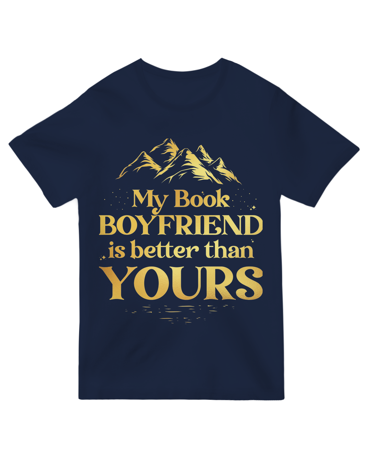 "Smirking reader wearing 'My Book Boyfriend Is Better' black t-shirt while holding a fantasy novel"