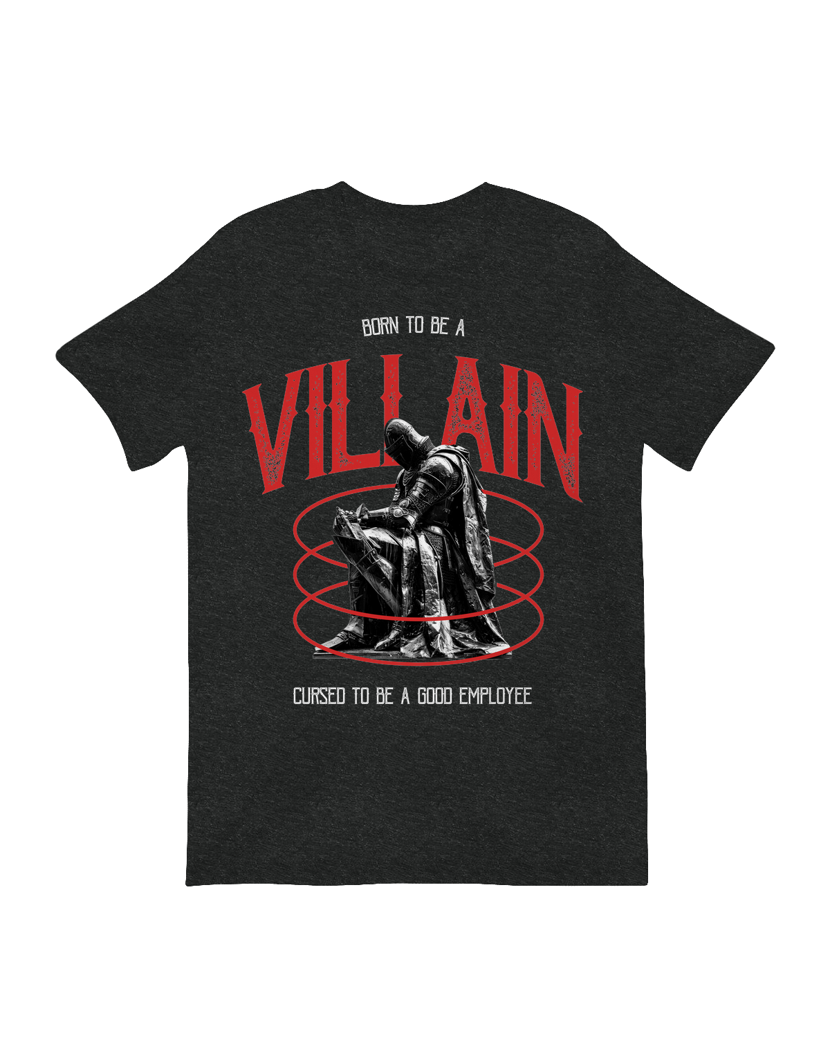 "Black 'Born to Be a Villain' graphic t-shirt with white text and skull design, modeled for edgy streetwear style"