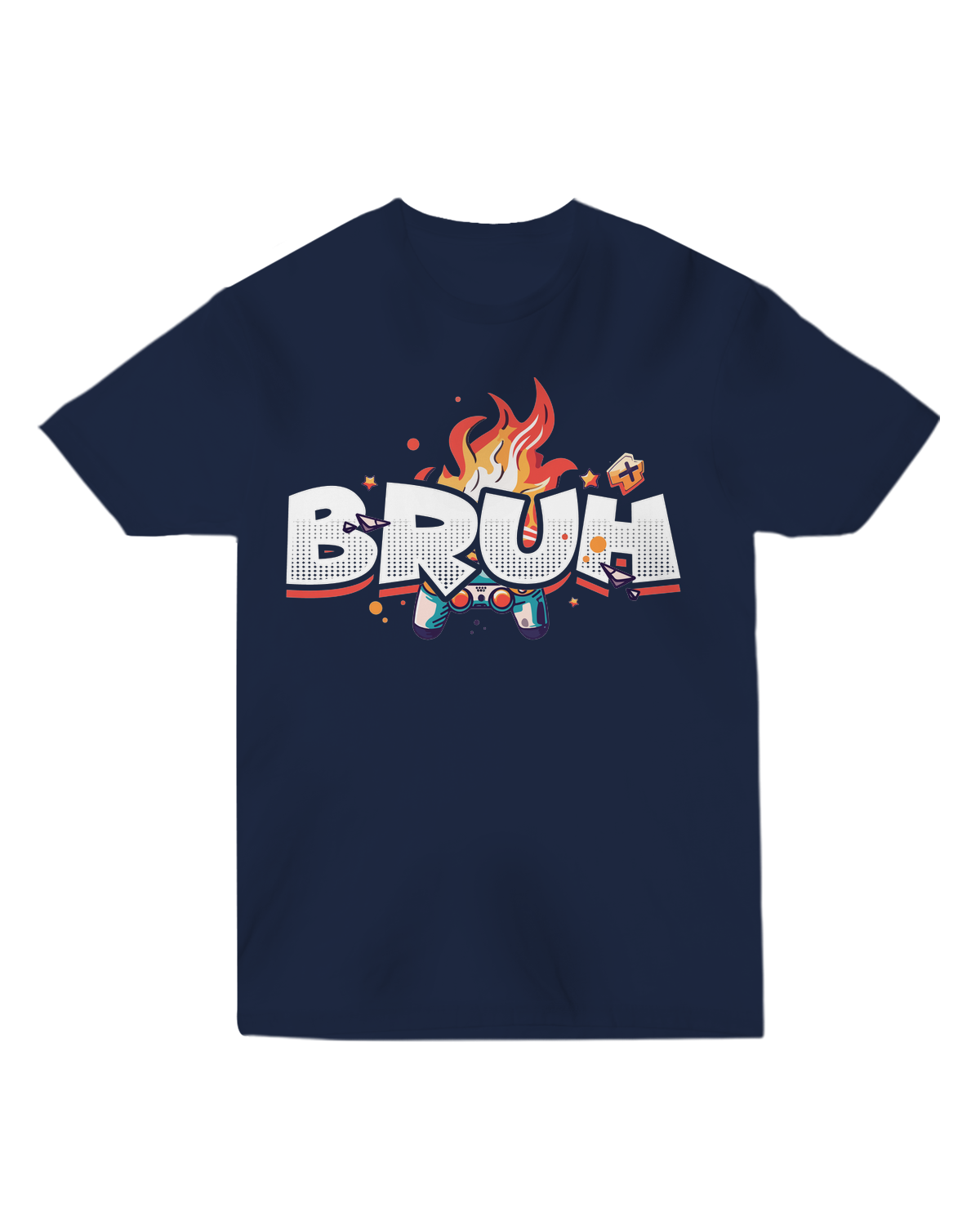 "Black Bruh meme t-shirt with oversized white text, modeled with facepalm gesture and phone showing meme"