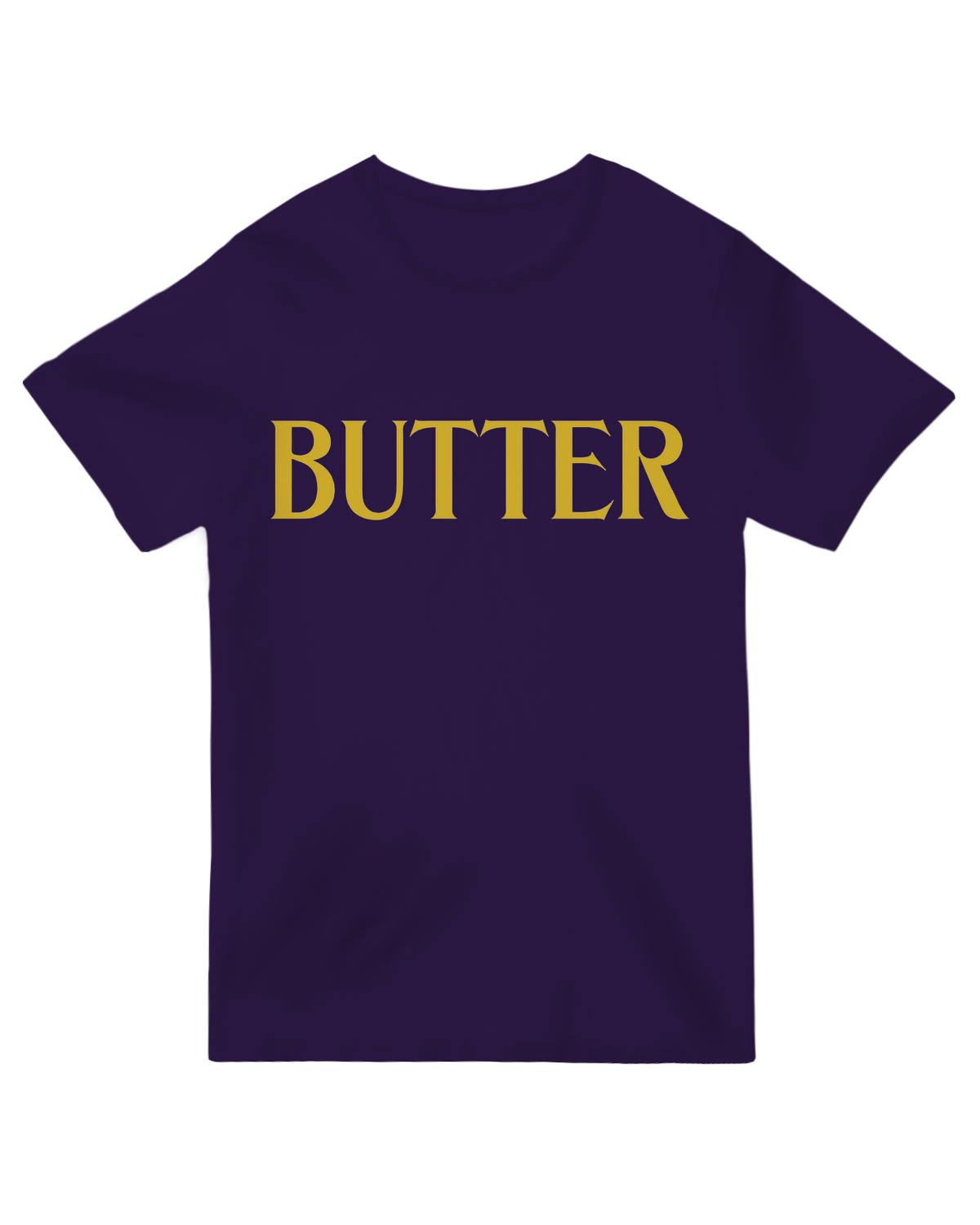 "Baker wearing yellow 'BUTTER' t-shirt holding wooden spoon and mixing bowl with butter"