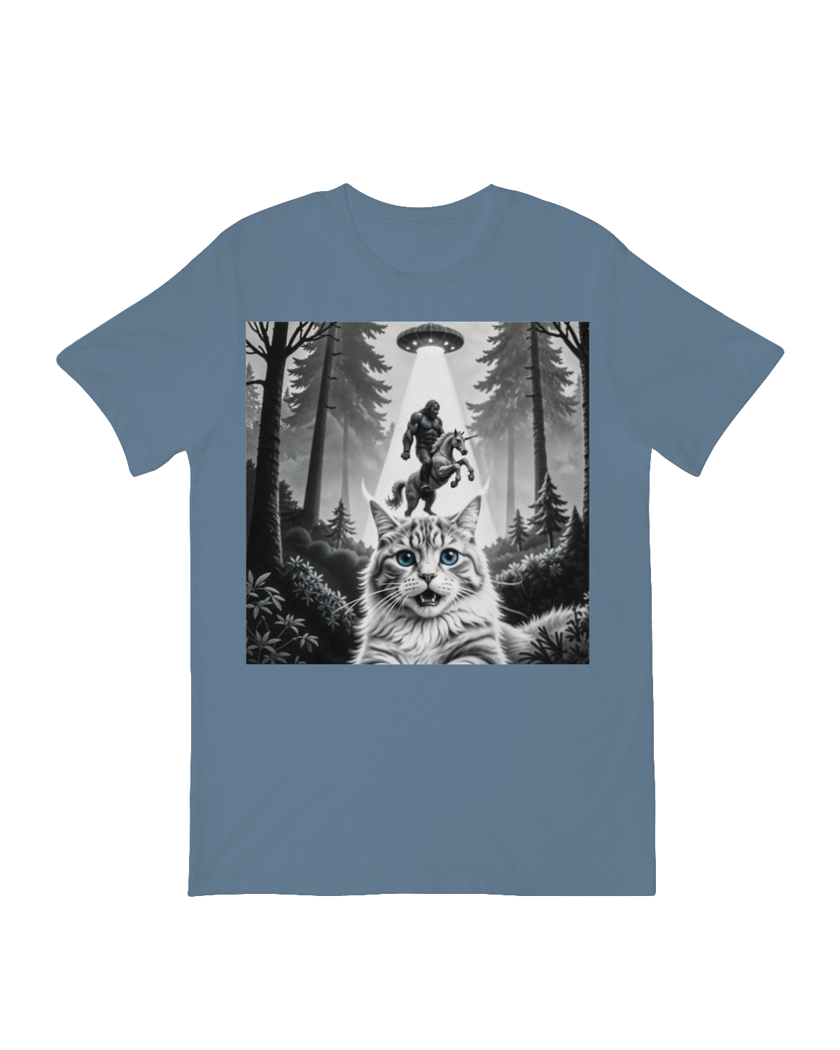 Cat, Bigfoot, and Unicorn graphic printed t-shirt – soft cotton tee with mythical fun design