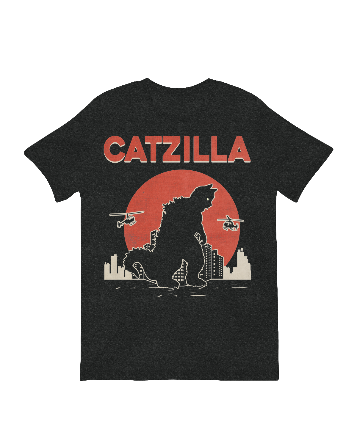 "Funny 'Catzilla' graphic tee – giant cartoon cat monster destroying city for cat lovers"