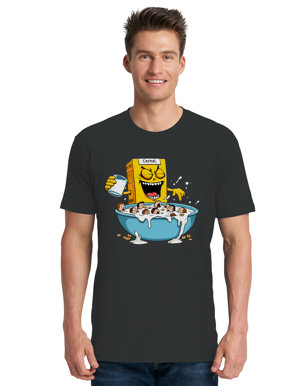 Alt Text: "Cereal K*ller graphic t-shirt with retro typography - black cotton tee for dark humor fans"