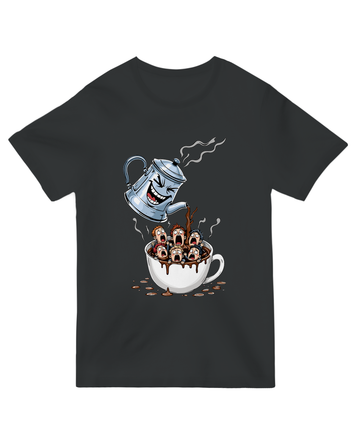 "Graphic 'Coffee Man' t-shirt with superhero-style design featuring coffee cup emblem and caffeine molecule, java lover apparel