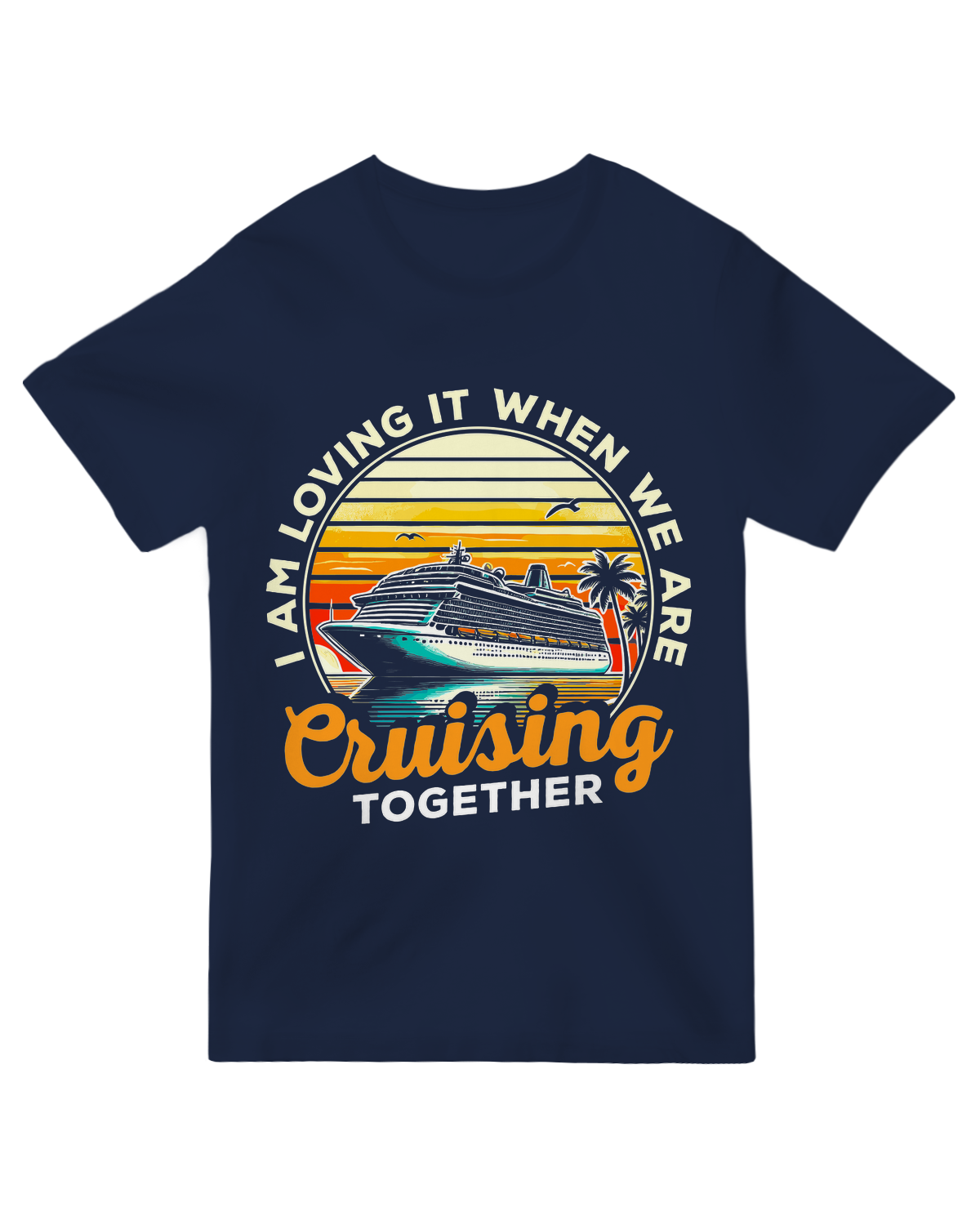 "Navy blue ‘Cruising Together’ matching t-shirts for couples who love boating"
