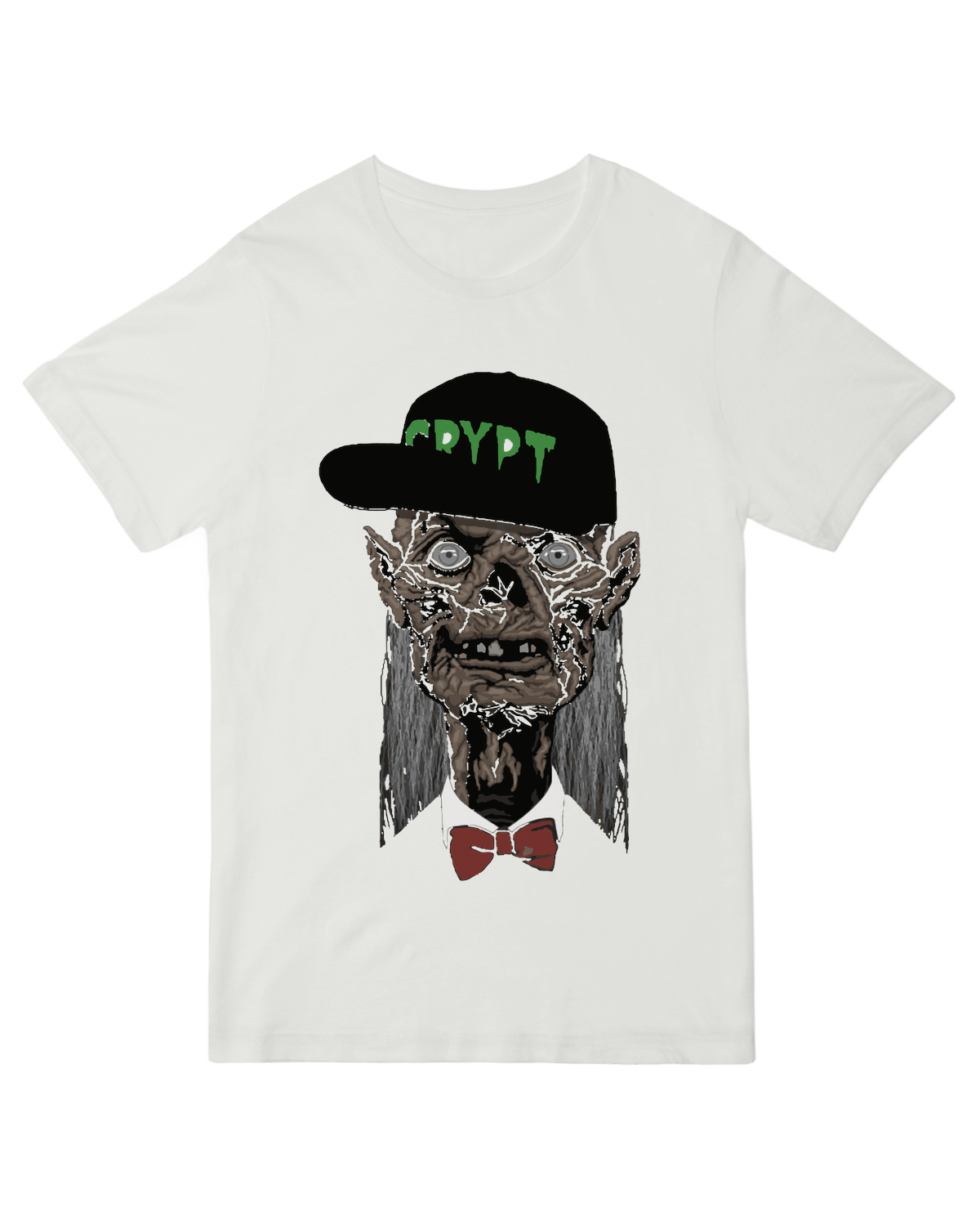 "Gothic 'CRYPT' horror t-shirt with vintage tombstone design for metal and Halloween fans"