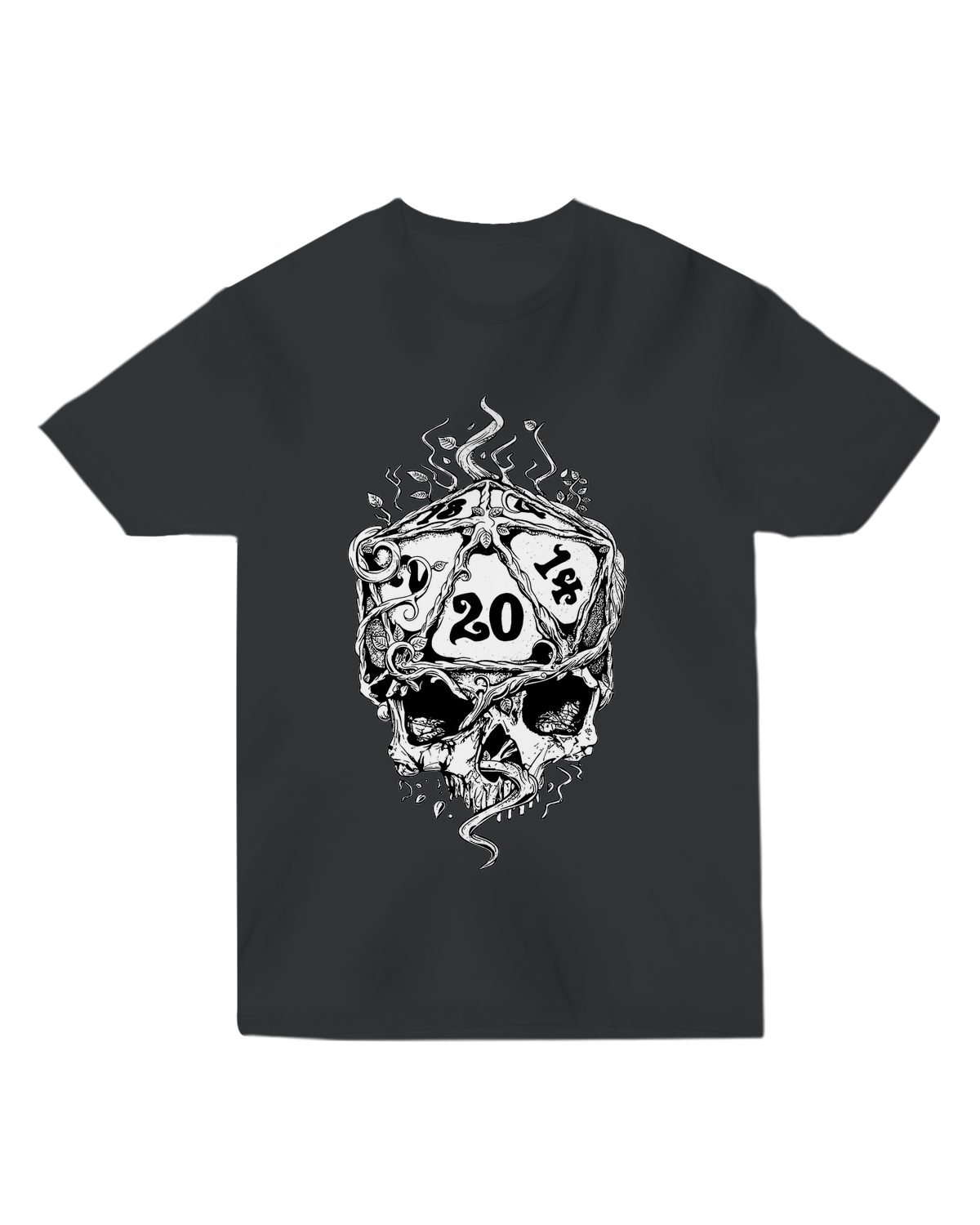 "Black D20 skull t-shirt with glowing neon dice skeleton graphic, styled with metal RPG dice for tabletop gaming aesthetic"