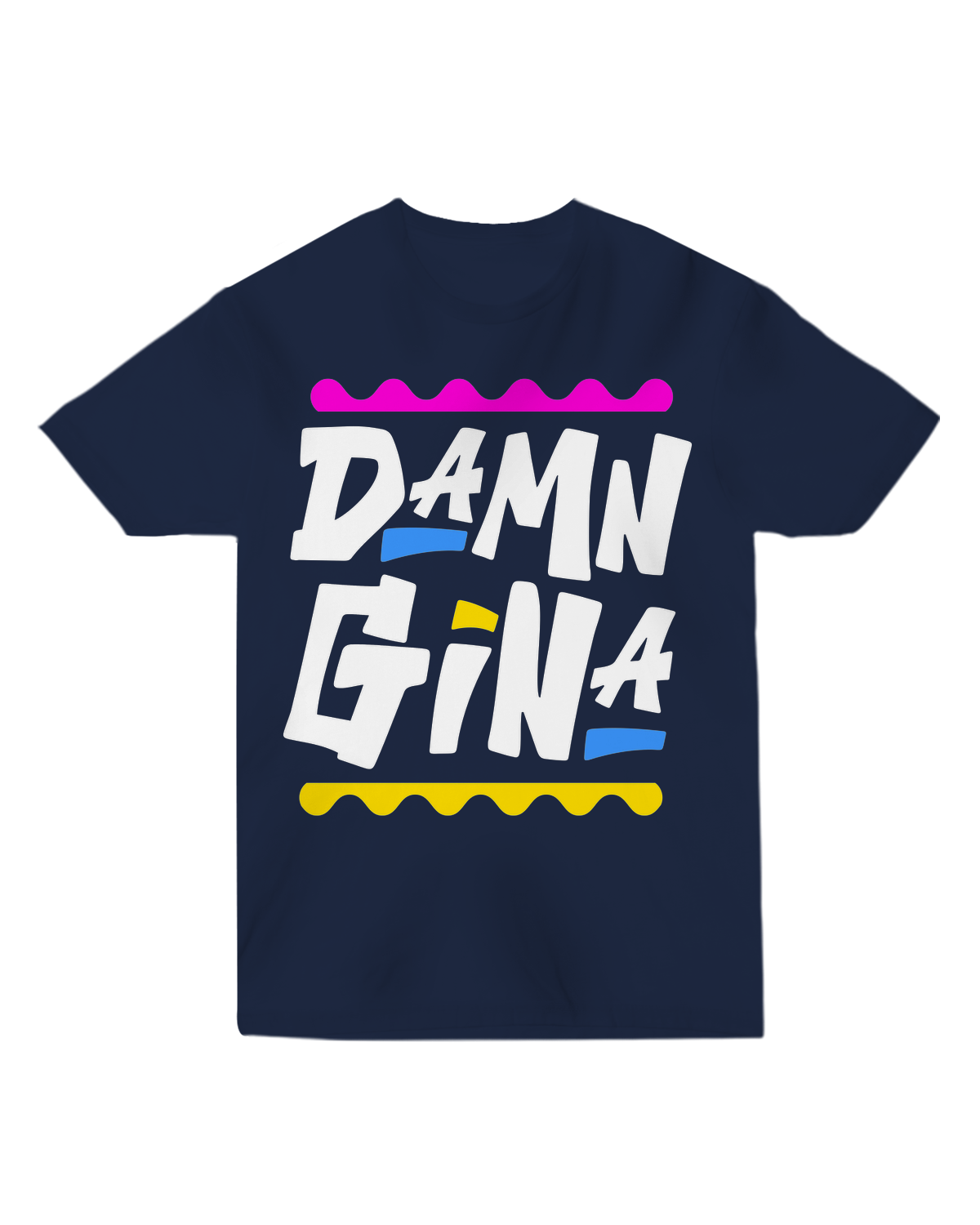 "Black 'Damn Gina' t-shirt with white 90s-style text, modeled with boombox prop for vintage sitcom nostalgia"