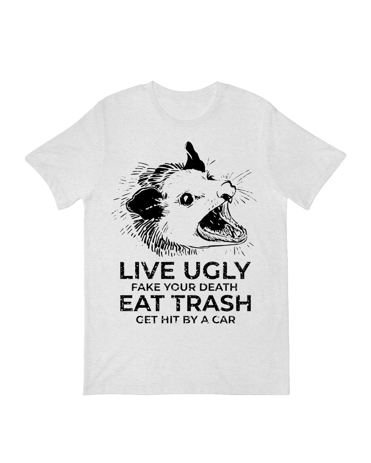 Edgy "Live Ugly Fake Your Death" meme t-shirt – distressed gothic text on soft black cotton tee