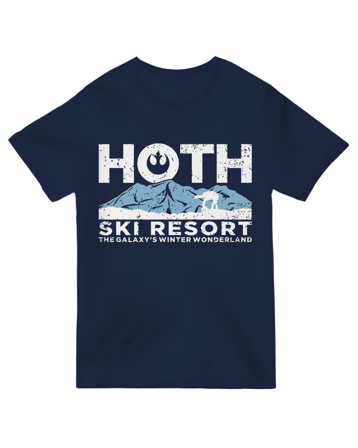 "White 'Hoth Ski Resort' graphic tee with snowy Star Wars-inspired design - winter cotton apparel for sci-fi fans"