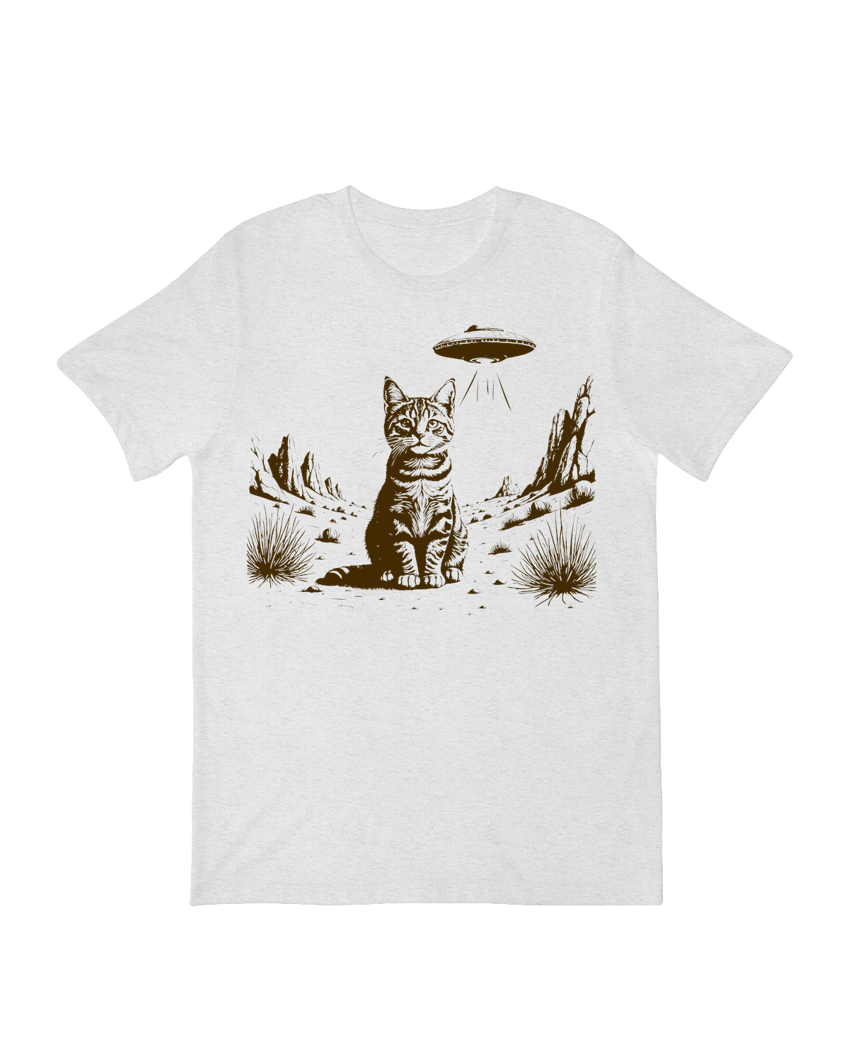 "Whimsical 'Cat in the Desert' graphic t-shirt showing feline explorer in arid landscape"