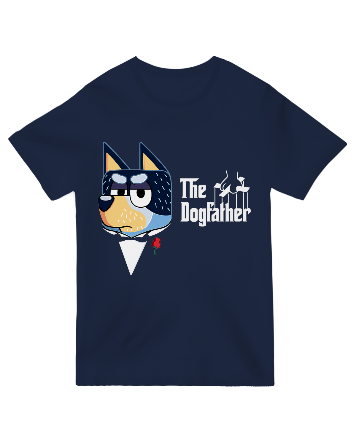 "Black 'The Dogfather' parody t-shirt with funny dog mafia graphic - cotton tee for nerdy pet owners and movie fans"