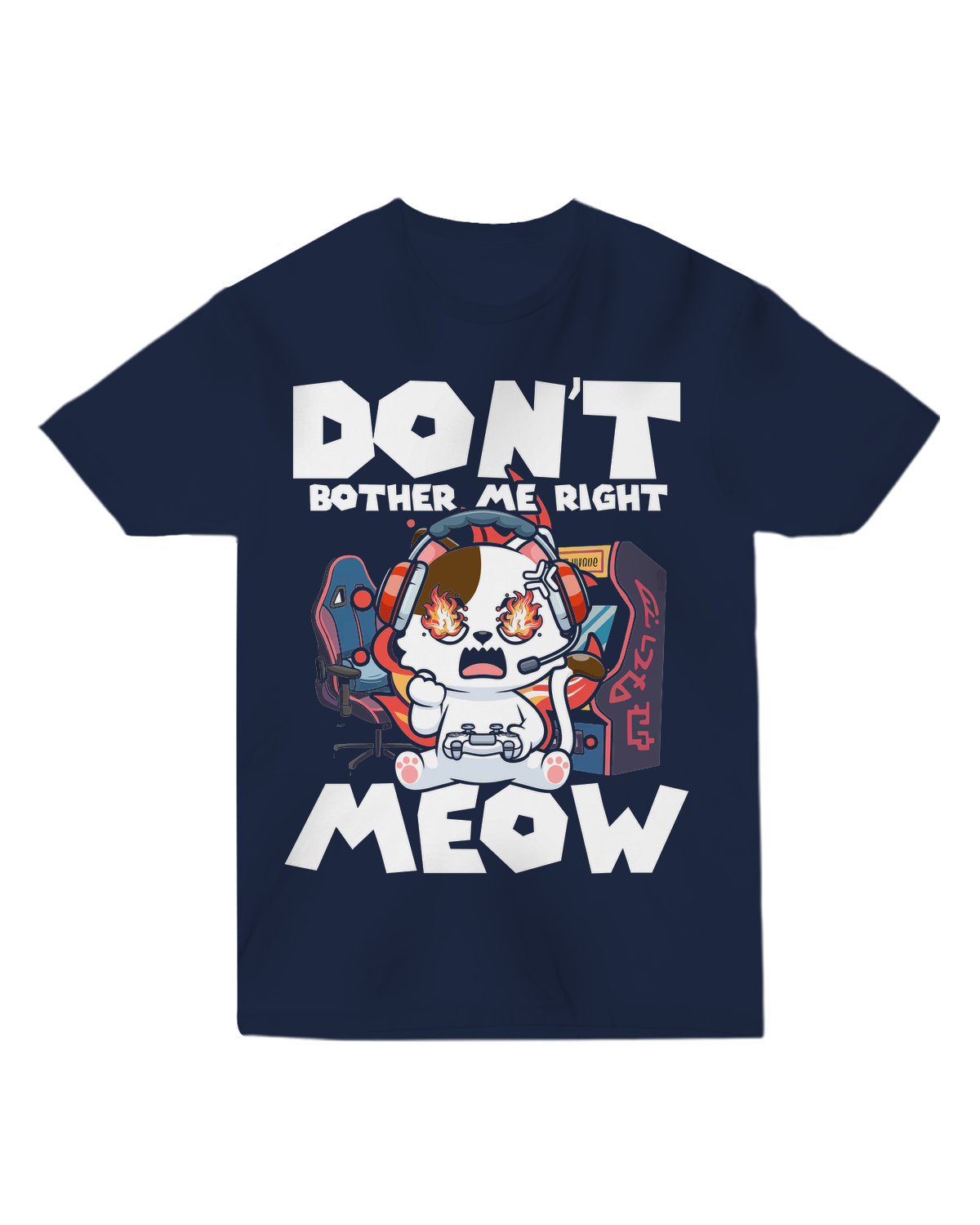 "Funny 'Don't Bother Me Right Meow' t-shirt with paw print accents, modeled with grumpy cat meme expression"