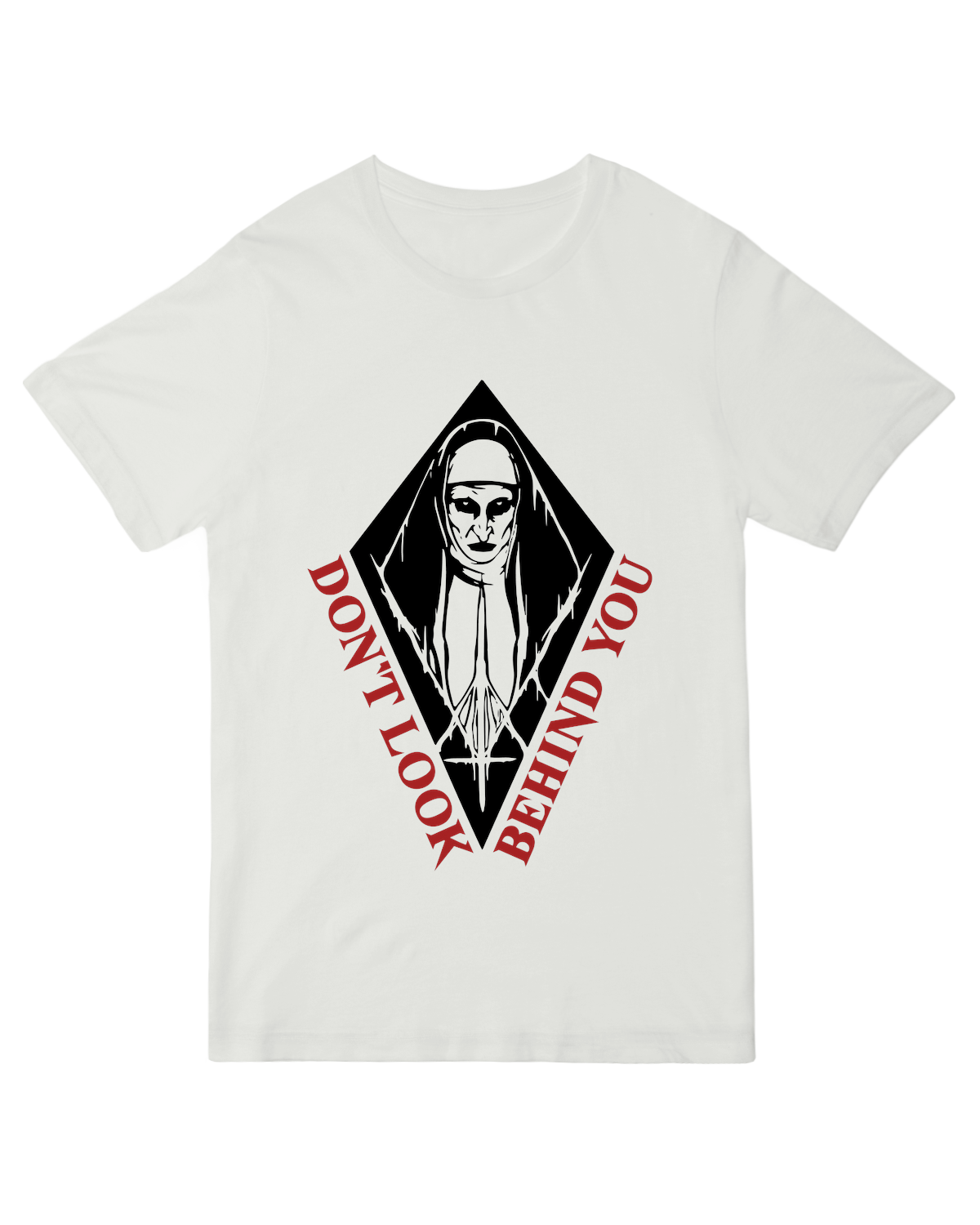 "Creepy 'Don't Look Behind You' horror t-shirt for Halloween and scary movie fans"