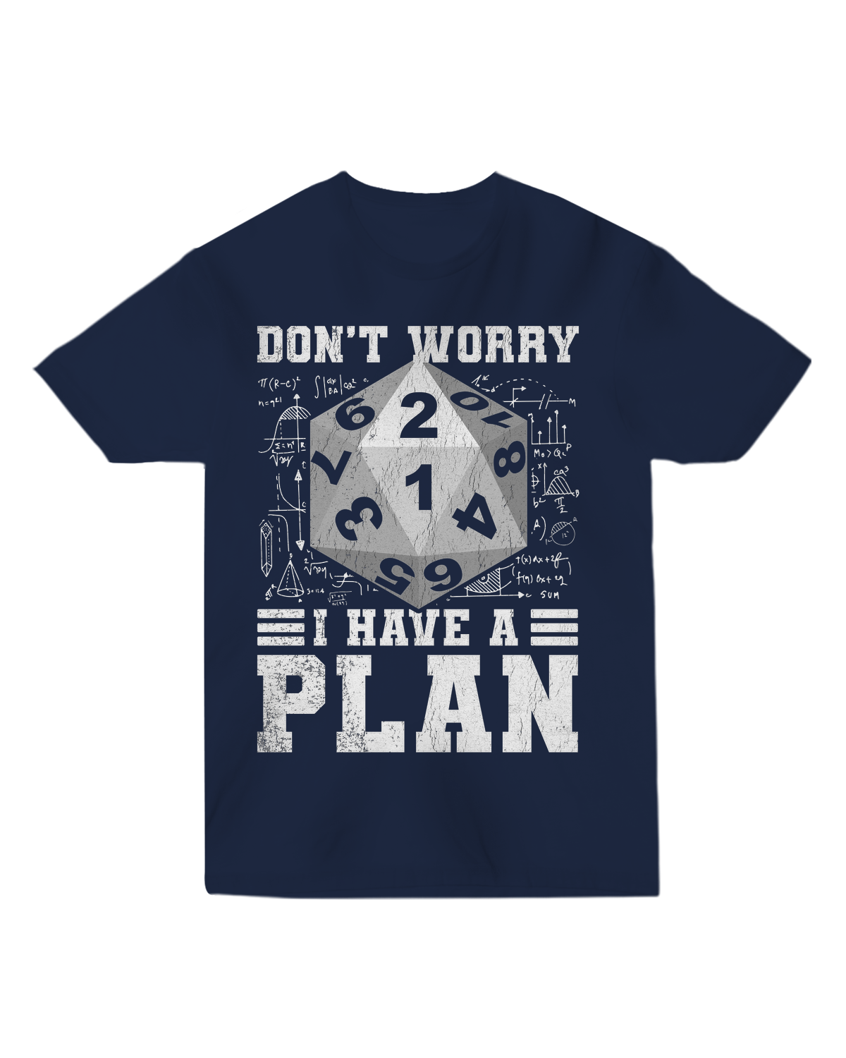 "Black 'Don't Worry I Have a Plan' t-shirt with distressed white text, worn while dramatically pointing at a blank whiteboard"