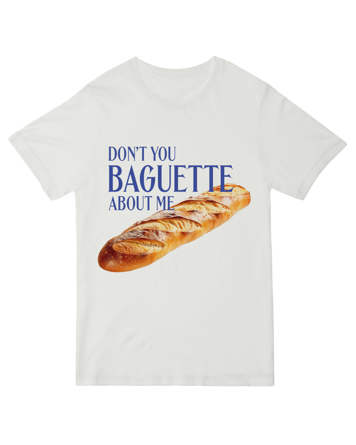 "Person wearing navy ‘Don’t You Baguette About Me’ t-shirt holding fresh baguette at farmers market"