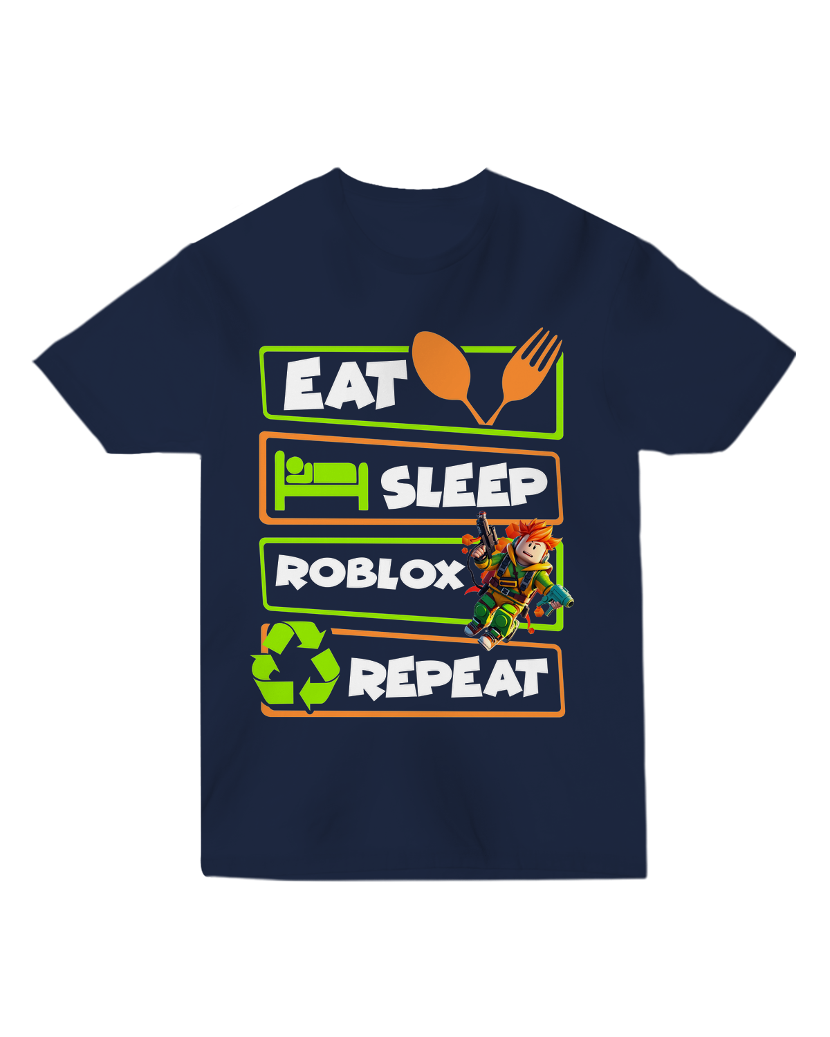 "Blue Eat Sleep Roblox Repeat t-shirt with white blocky text, styled with gaming mouse and in-game screenshot overlay"