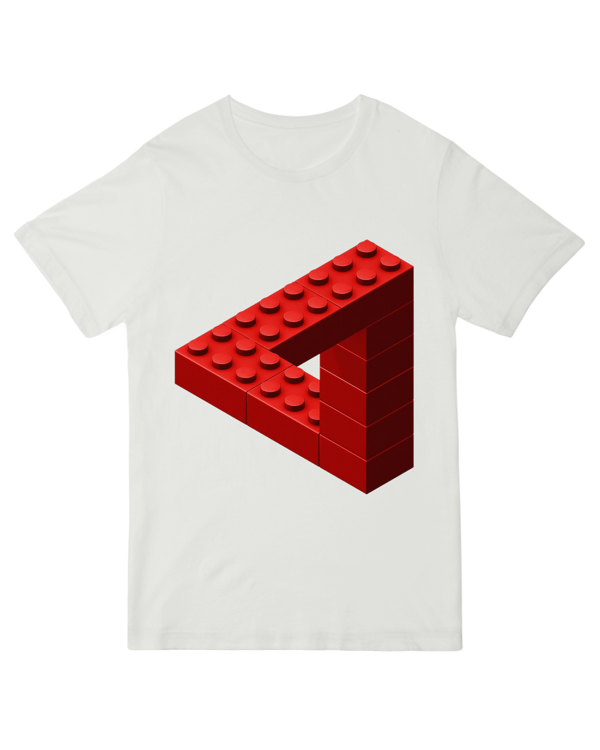 "Black Escher-inspired t-shirt with impossible brick staircase design, modeled with vintage wooden blocks for playful paradox aesthetic"