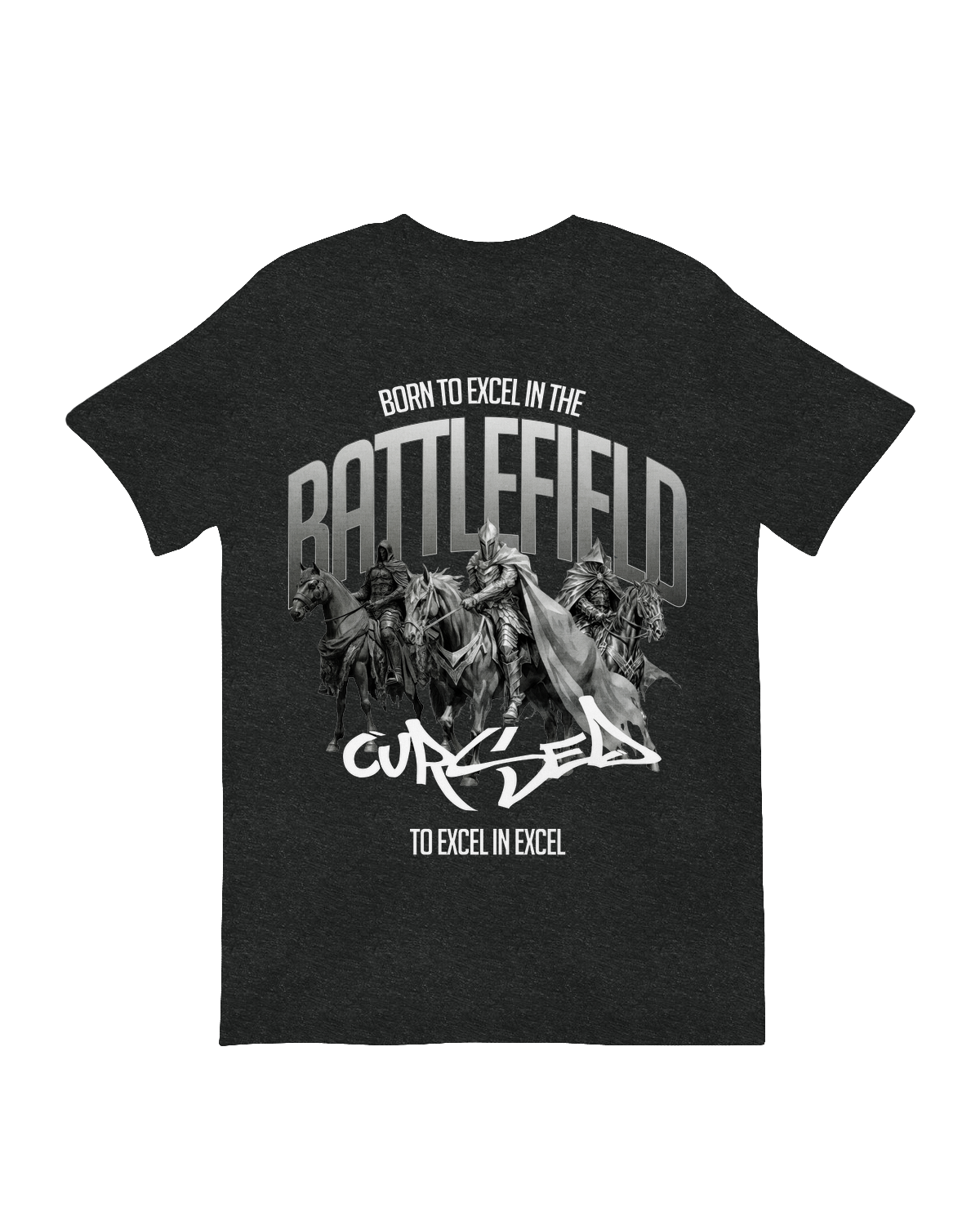 "Gray 'Born to Excel in Excel' t-shirt with keyboard shortcut graphics, styled with coffee mug for office humor aesthetic"