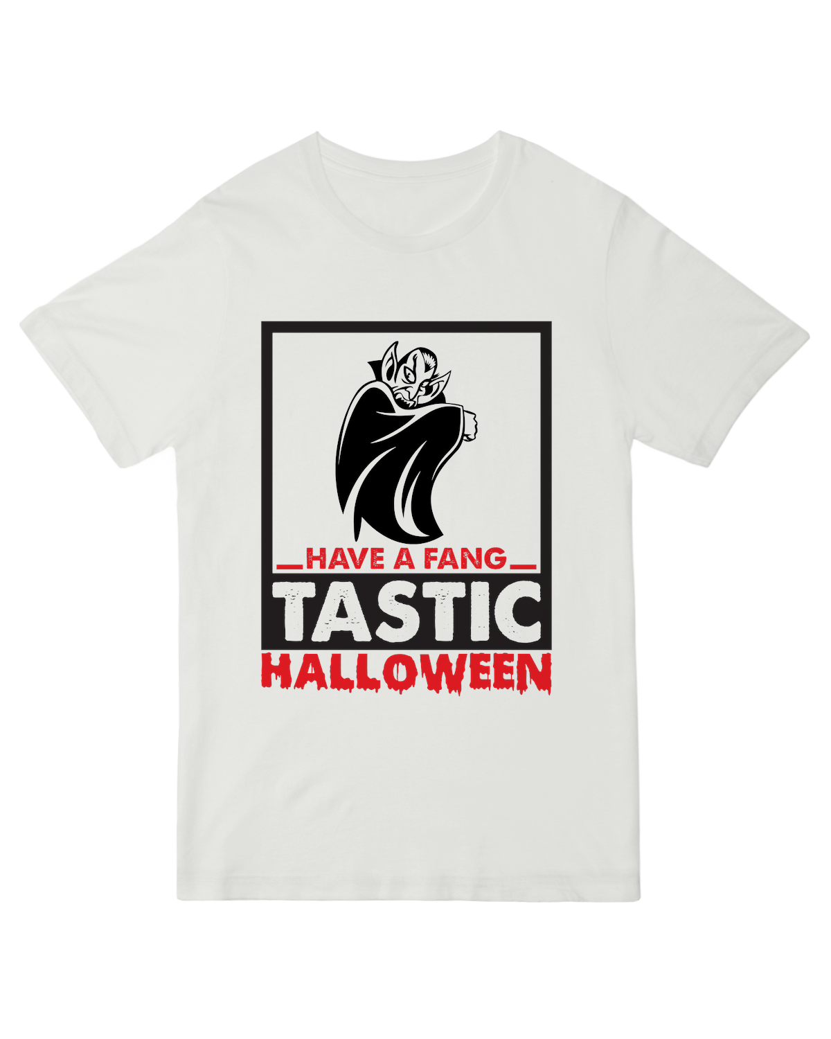 "Fang-TASTIC Halloween" black t-shirt with glow-in-the-dark vampire fangs – spooky season apparel for parties
