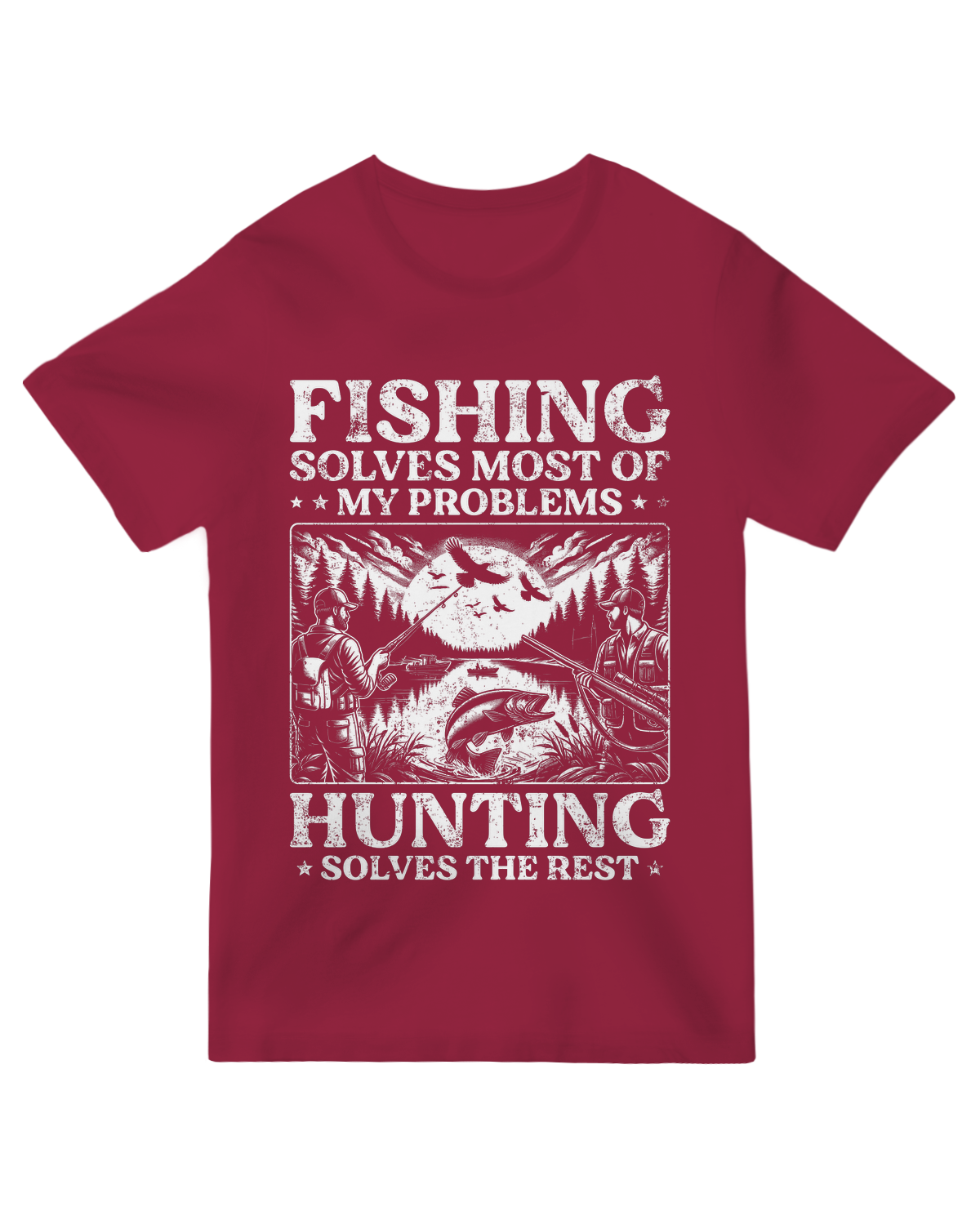 "Woodland camo outdoor humor t-shirt - ‘Fishing Solves Most Problems’ design for anglers and hunters"