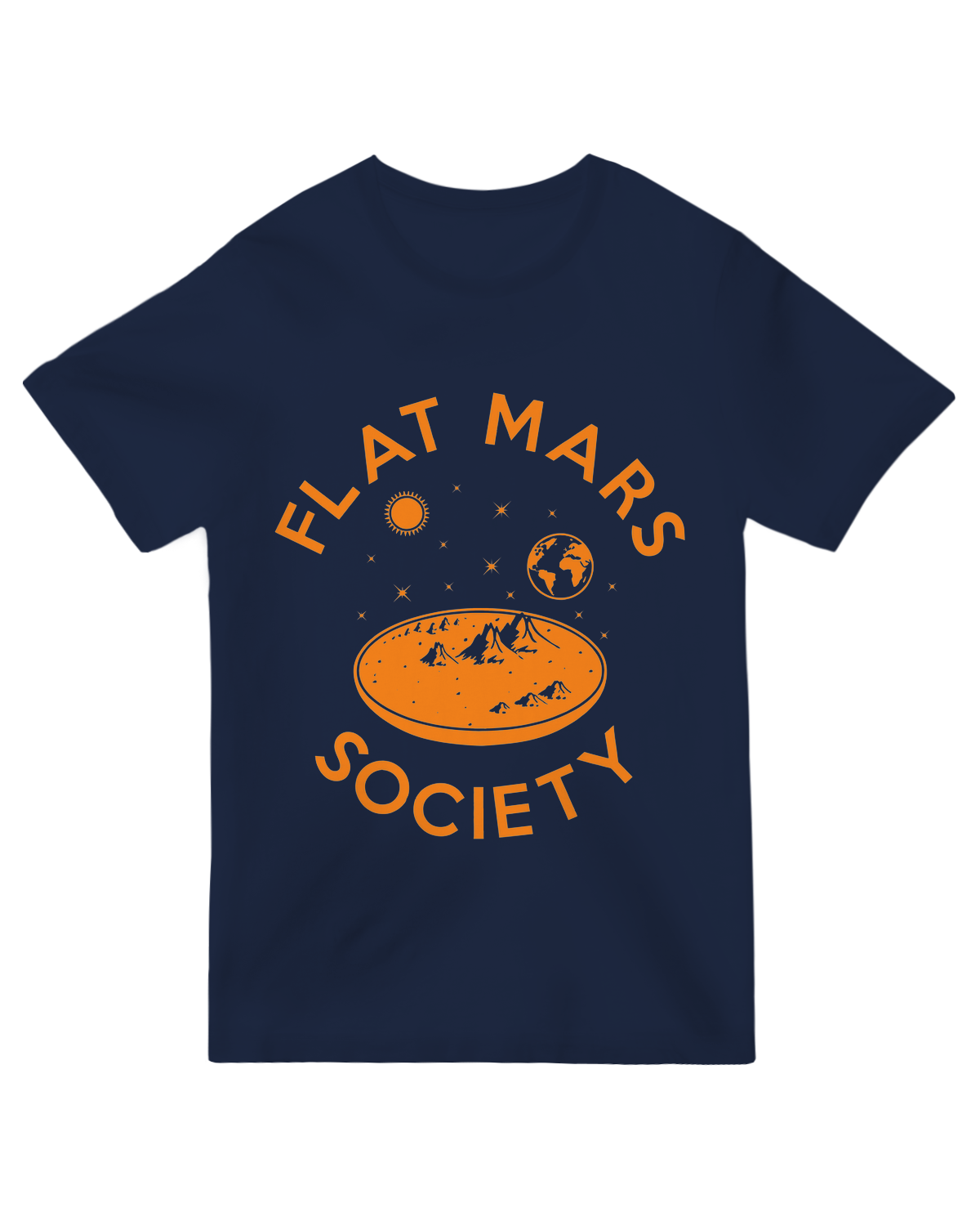 "Red 'Flat Mars' parody t-shirt with humorous planetary graphic - astronomy humor tee for space fans and science educators"
